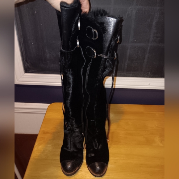 CHANEL CC Rare Vintage Black Calf Hair Wedge Knee Fur Interior Boots Size 4 1/2 - Picture 3 of 6